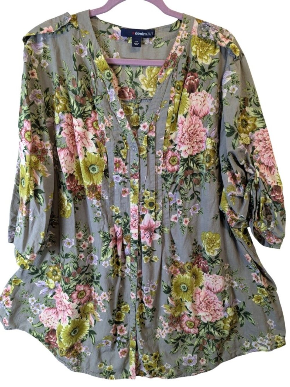 Denim 24/7 Plus 32 Floral Blouse Renaissance Print Lightweight Boho Peasant Top